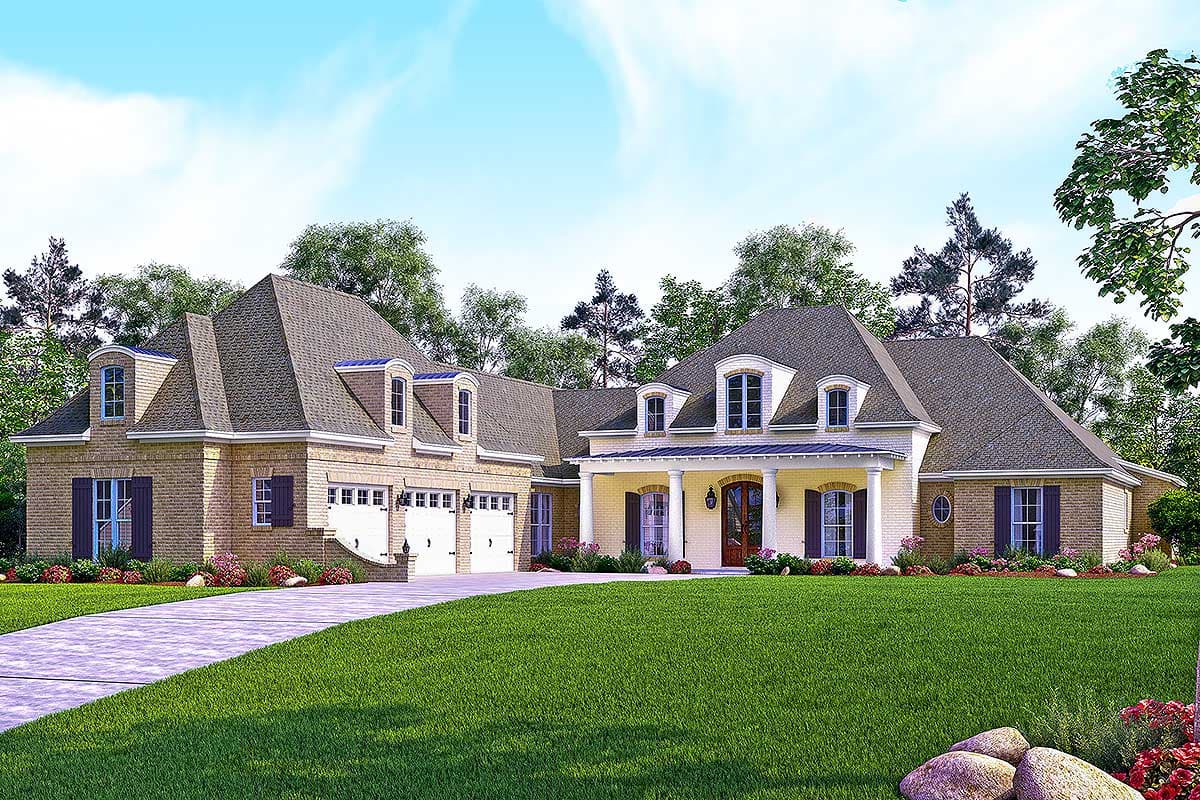 House plan exterior: two-story brick home with a covered front porch, dormers, and a three-car side-entry garage.