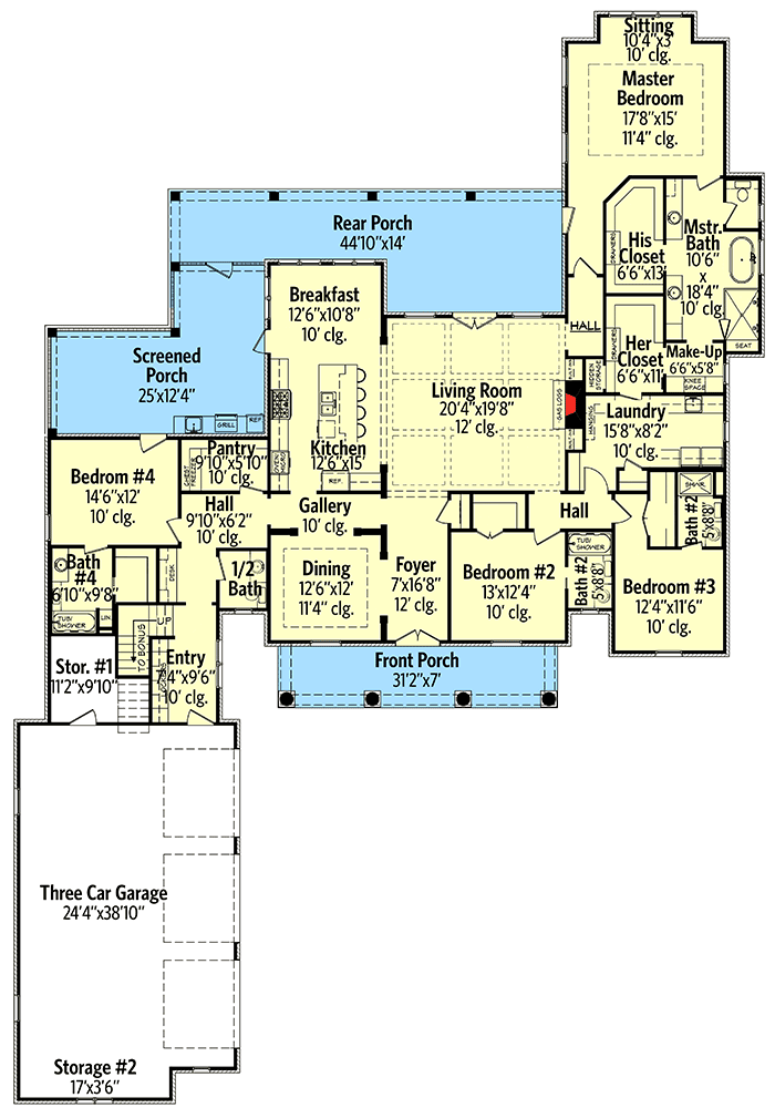 Plan 51725HZ: Charming Southern House Plan with Two Bonus Rooms - Floor Plan - Main Level - Southern, Traditional