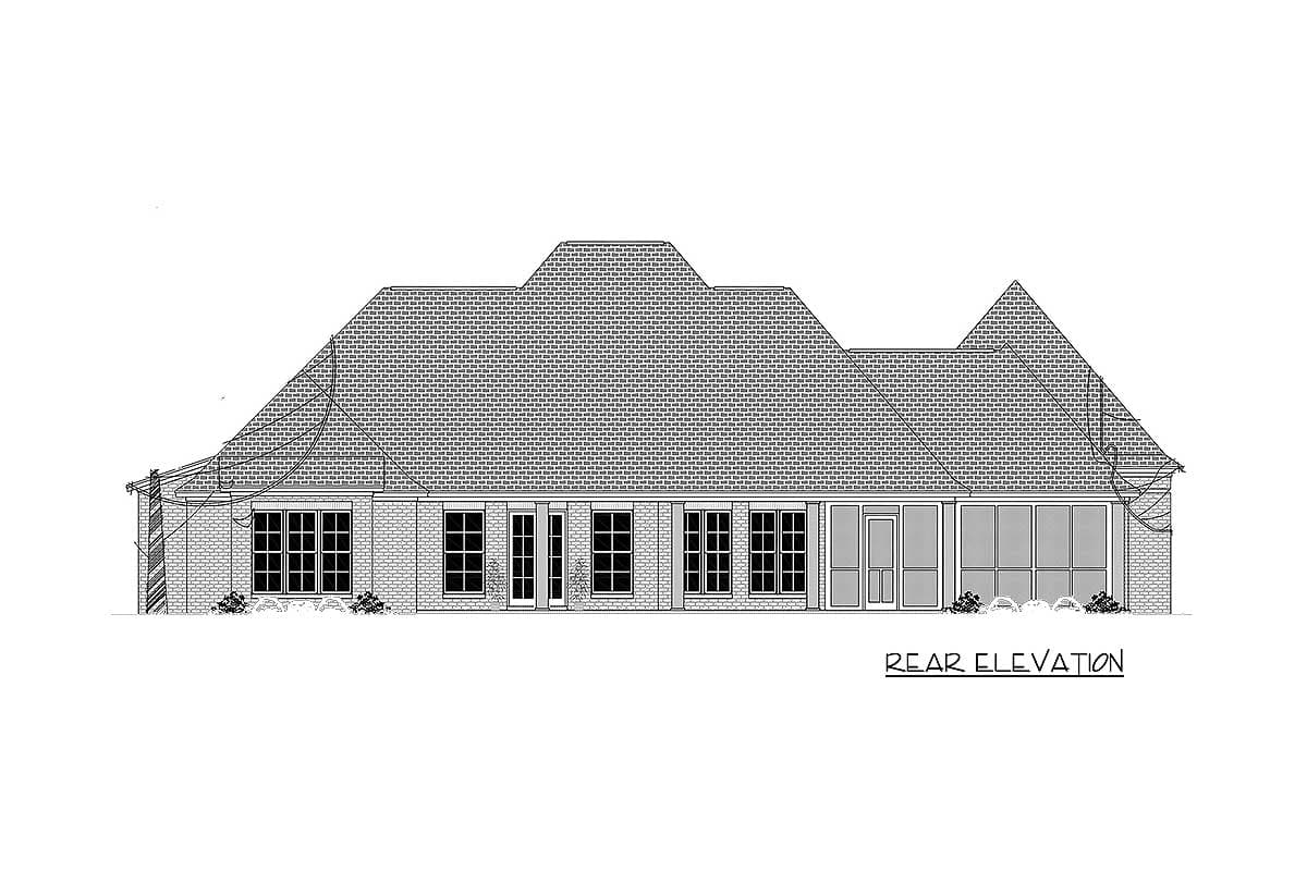 Rear elevation drawing of a house plan featuring multiple gables, a screened porch, and numerous windows.