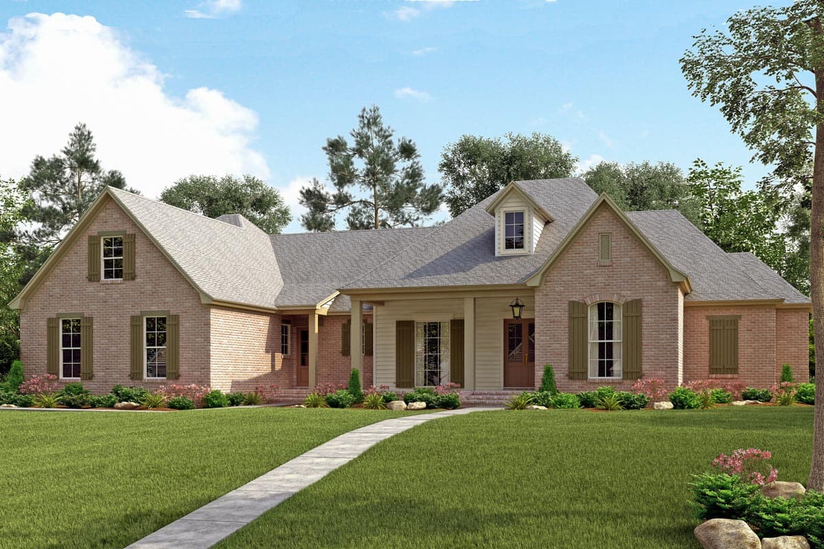 House plan exterior: Brick ranch with covered entry porch, gables, dormer, and side-facing garage.