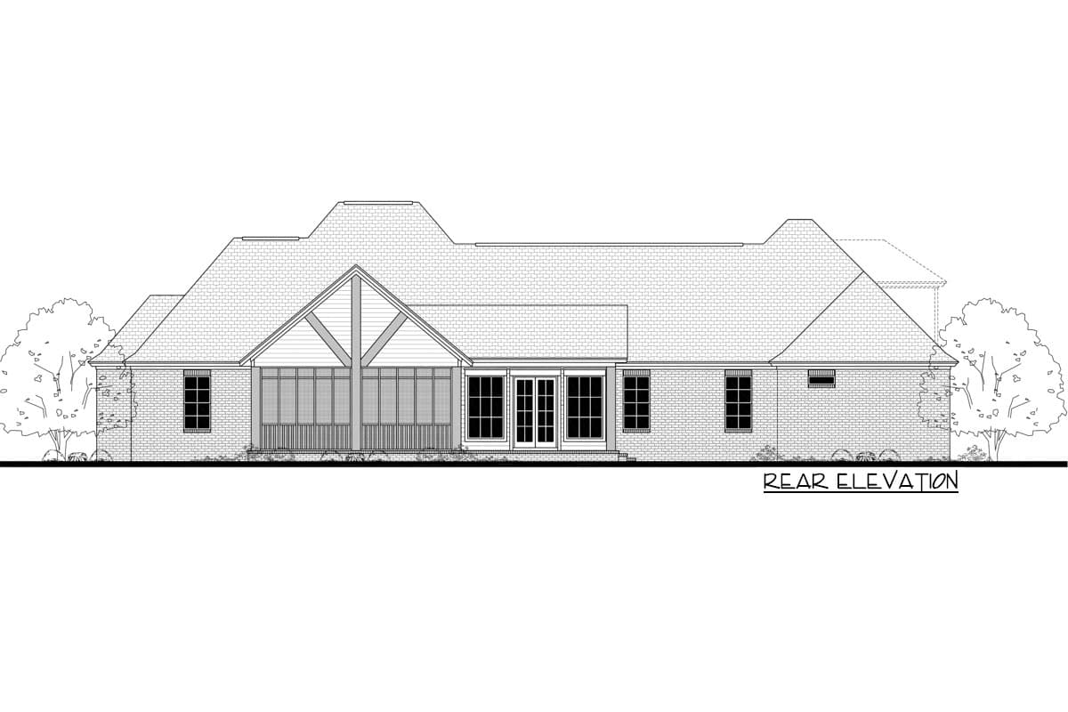 Rear elevation drawing of a house plan featuring a screened porch with gabled roof and double doors.