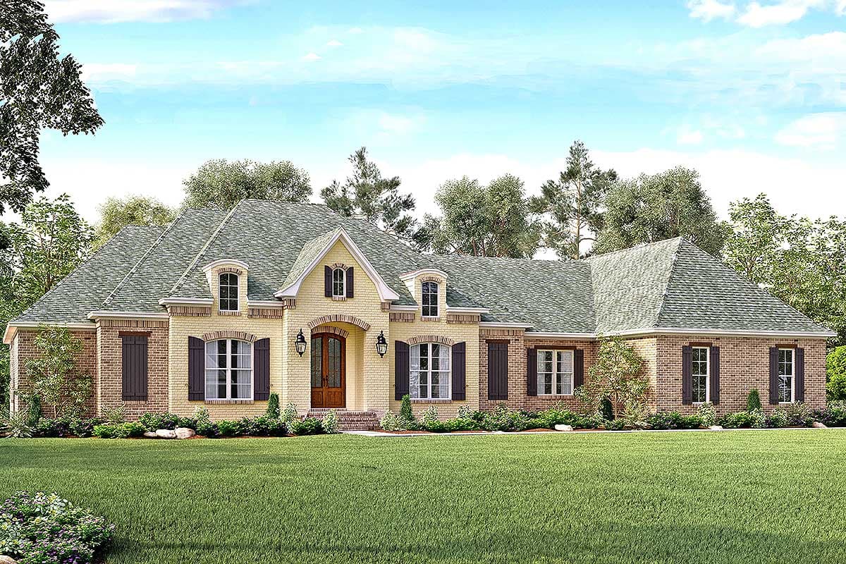 House plan exterior featuring a two-story design in a traditional style with dormers, a multi-gable roof, and brick accents.