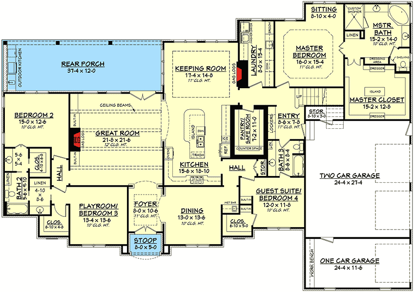 Plan 51727HZ: Flexible French Country with Bonus Room - Floor Plan - Main Level - European, French Country, Southern