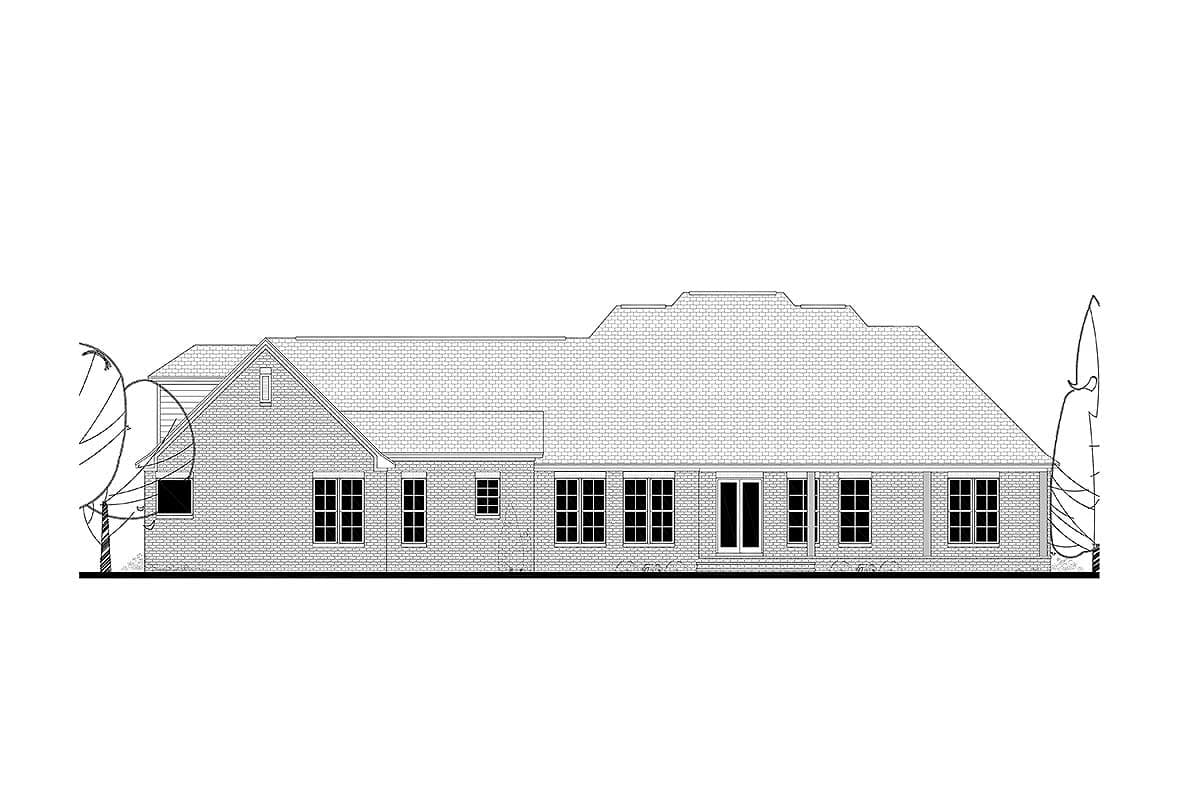 House plan exterior elevation: Single-story brick home with hip roof, gabled dormer, and numerous multi-pane windows.