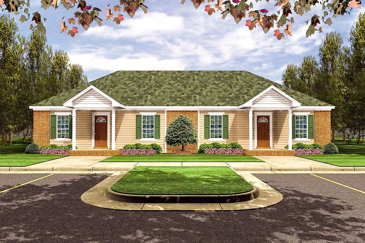 House plan exterior: Ranch style, one story, symmetrical facade with two entrances, green gabled roof, brick and siding exterior.