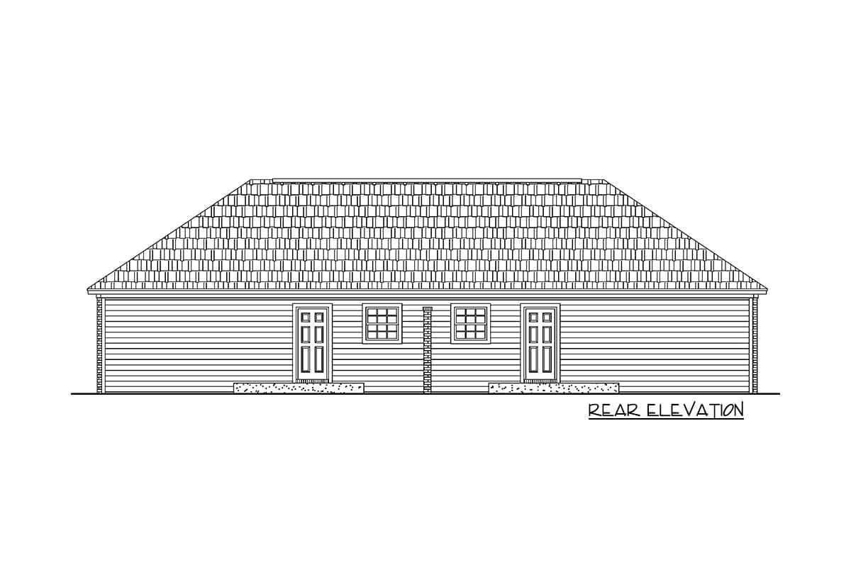 Rear elevation house plan showing a single-story building with horizontal siding, two doors, and three windows under a hipped roof.