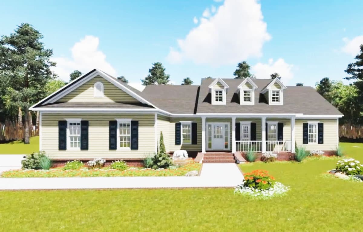 House plan exterior: one-story ranch with central porch, multiple gables, and dormer windows.