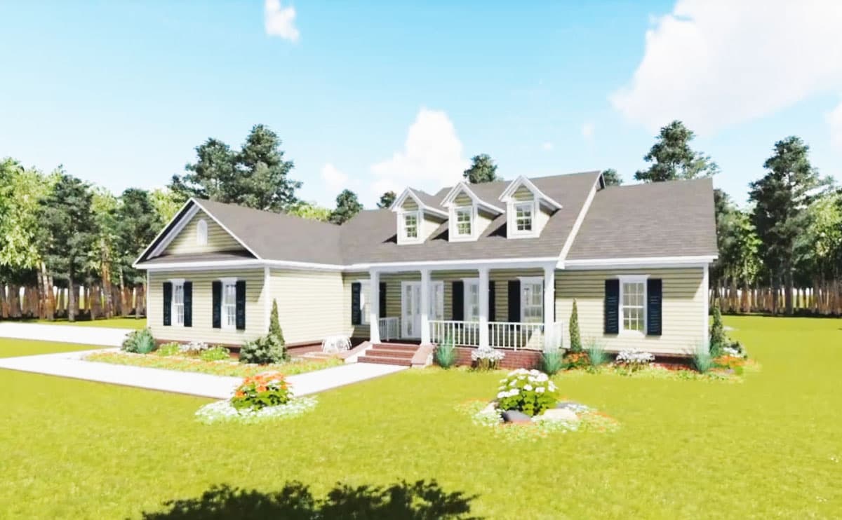 House plan exterior: single-story, covered front porch with white railings, multiple dormers, and gable rooflines.