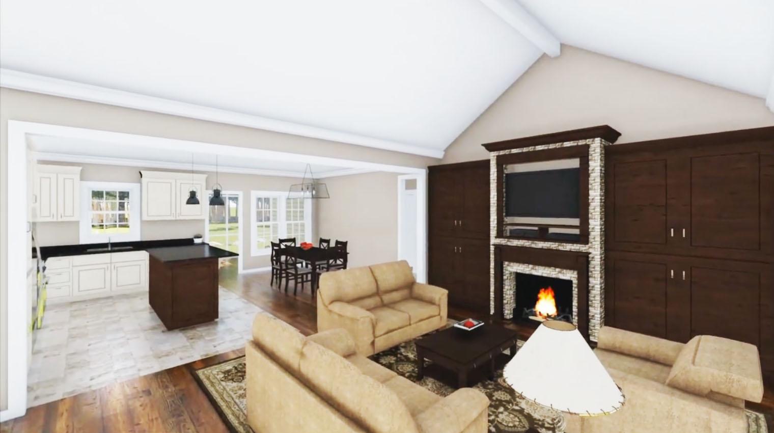 Open-concept living area with kitchen, dining, and living room featuring a fireplace, built-ins, and vaulted ceiling.