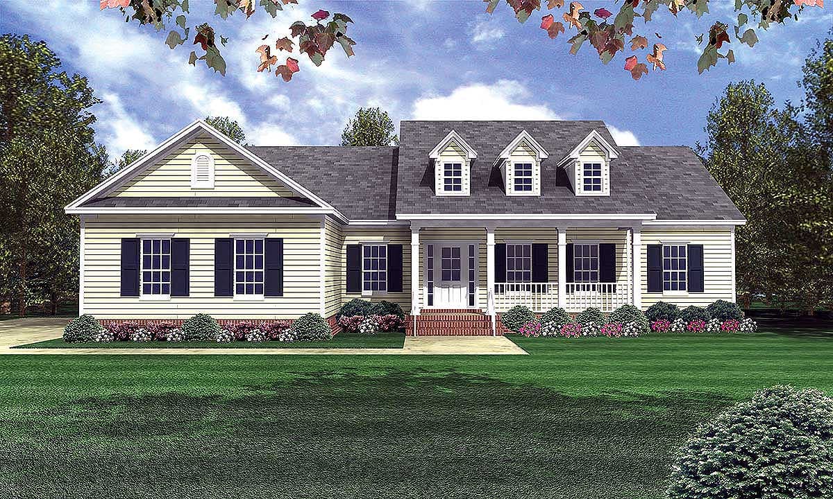 House plan exterior: One-story home with a central covered porch, three dormers, and light yellow siding.
