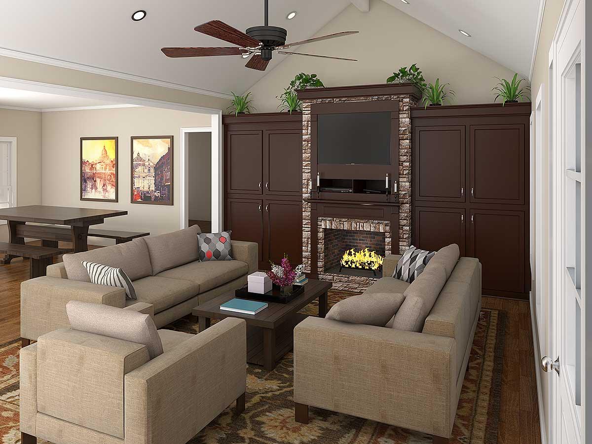 Living room rendering with vaulted ceiling, stone fireplace, built-in cabinetry, and dining area.