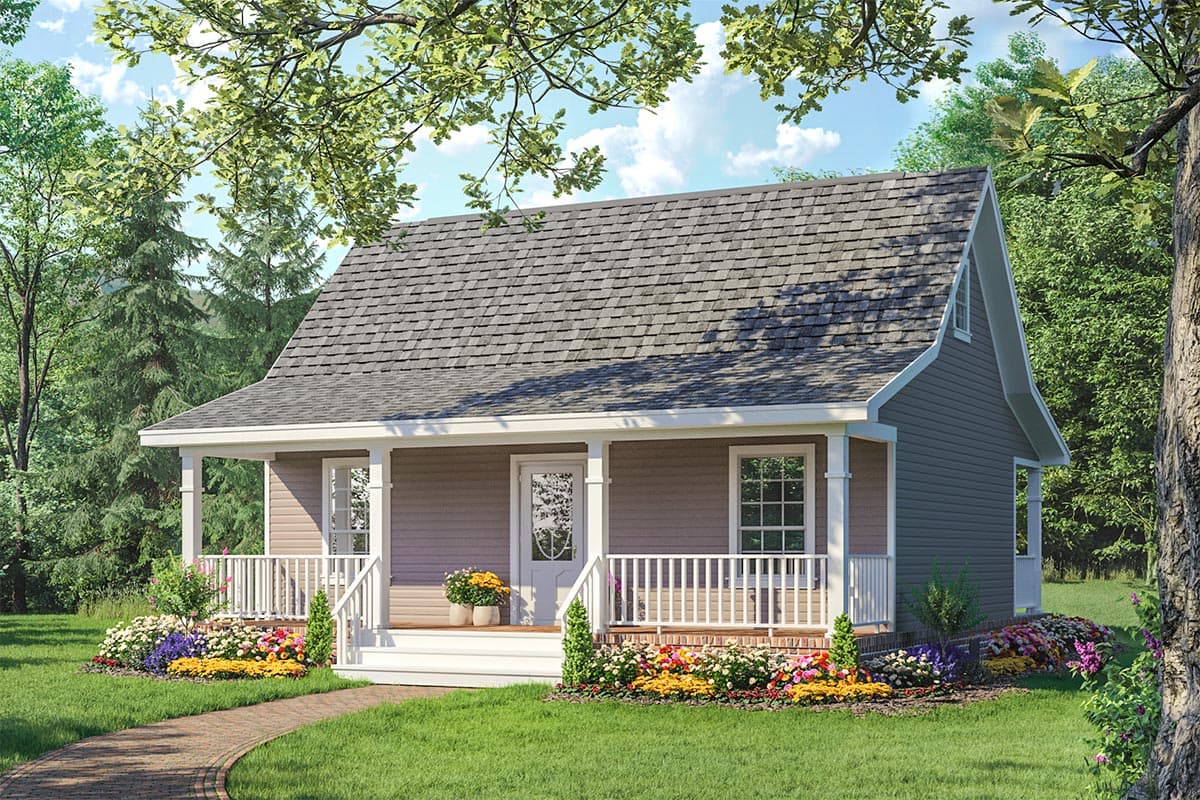 House plan exterior. One-story Cottage with front porch, gable roof, and white trim. Features include a brick path and surrounding flower beds.