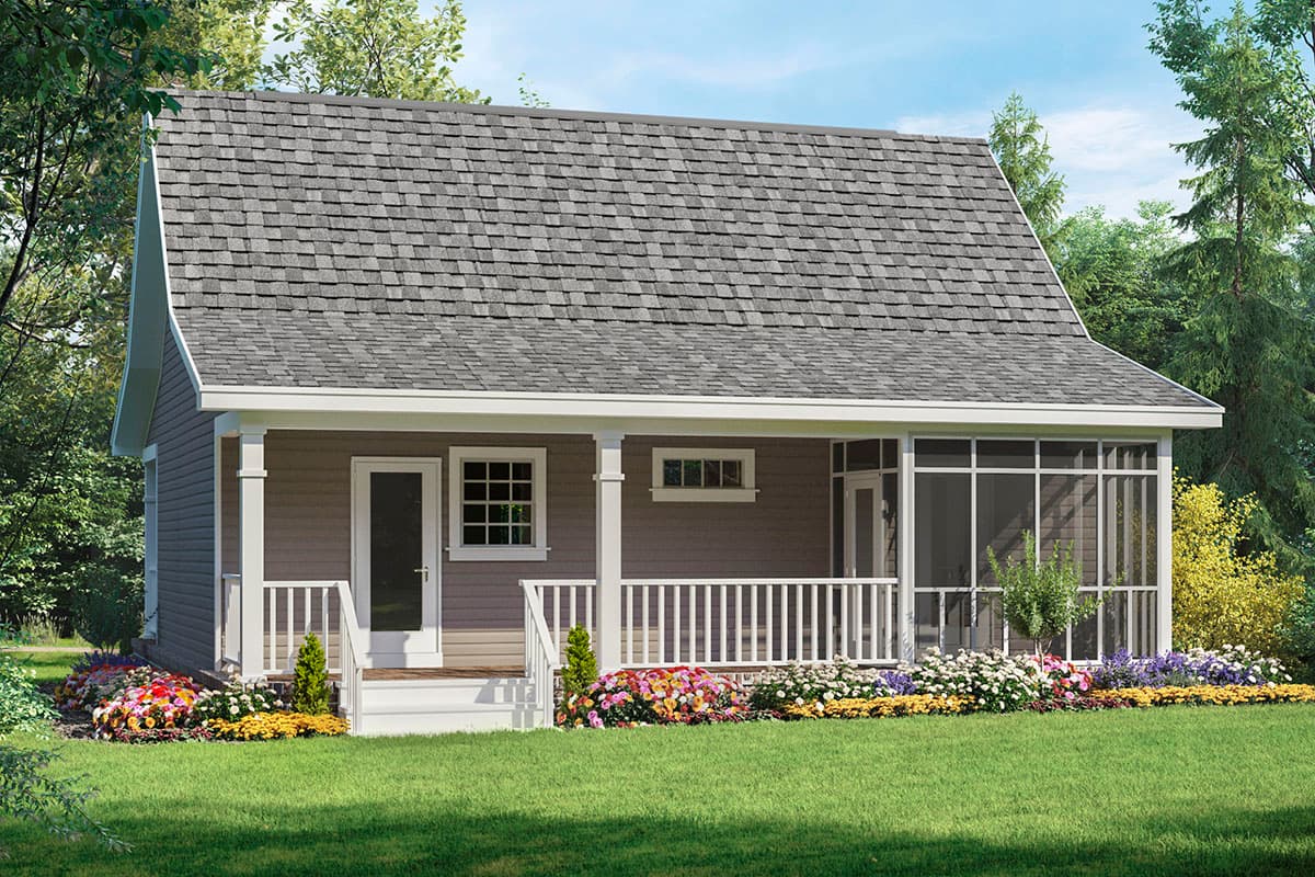 House plan exterior: One-story cottage with gable roof, covered porch with white railings, and a screened-in section.