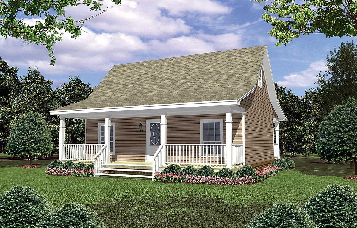 House plan exterior: one-story cottage with wraparound porch, gabled roof, and central front entrance with stairs.