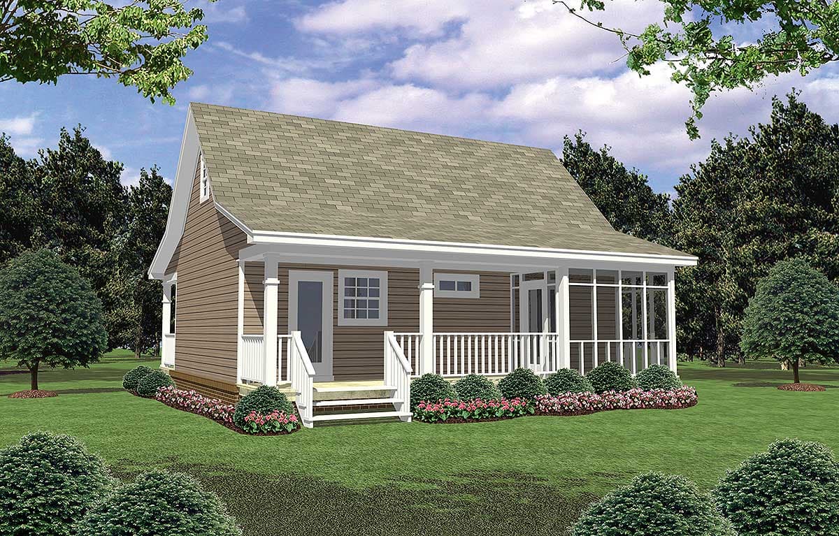 House plan exterior: One-story home with a gable roof, covered front porch with railings, and a screened section.