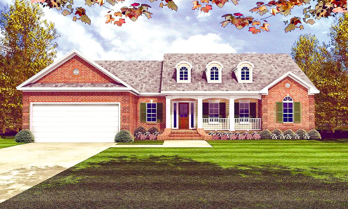 House plan exterior: Brick one-story home with attached garage, covered front porch, three dormer windows, and gable accents.