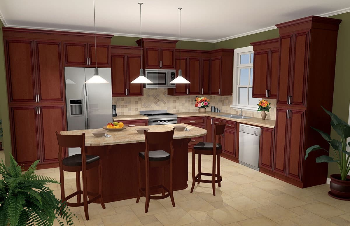 Kitchen with cherry cabinets, granite countertops, island with seating, stainless steel appliances, and tile floor.
