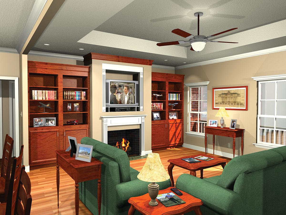 Interior rendering of a living room with built-in bookcases, fireplace, television, and green sofas.