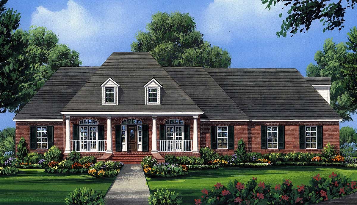 House plan exterior: Traditional brick ranch with central covered porch supported by columns, multiple gables, and dormer windows.
