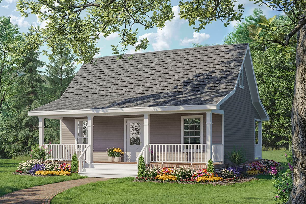 House plan exterior. One-story Cottage with front porch, gable roof, and white railing. Includes a small dormer.