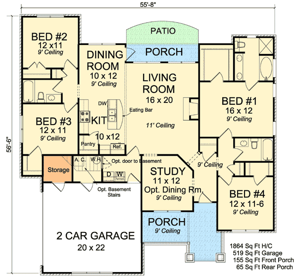 Plan 52203WM: Cottage with Gable Porch - Floor Plan - Main Level - Craftsman, Traditional