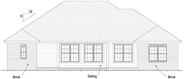 House plan exterior elevation showing brick and siding with multiple windows and a gabled roof.