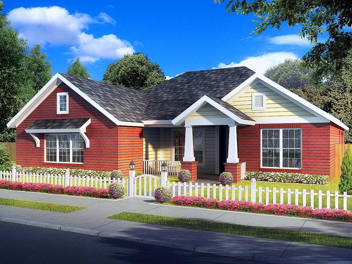 House plan exterior: One-story home with red brick siding, white picket fence, gable dormer, and covered front porch.