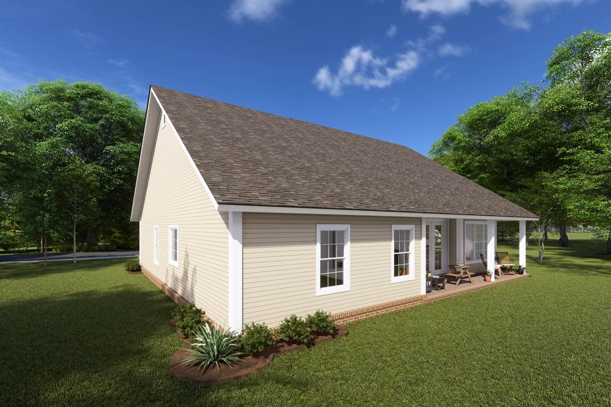 House plan exterior: Traditional style, one story, with a gable roof, covered porch, and vinyl siding.