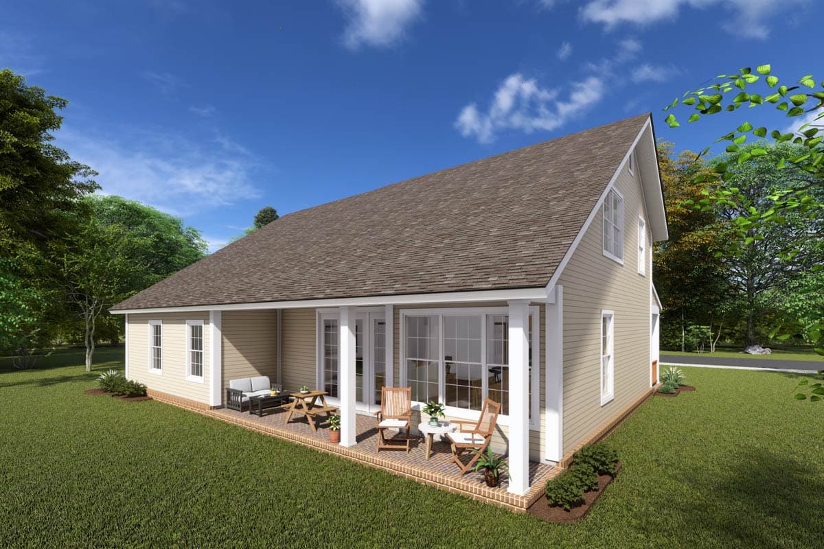 House plan exterior: two-story home with gable roof, covered porch, and large windows.