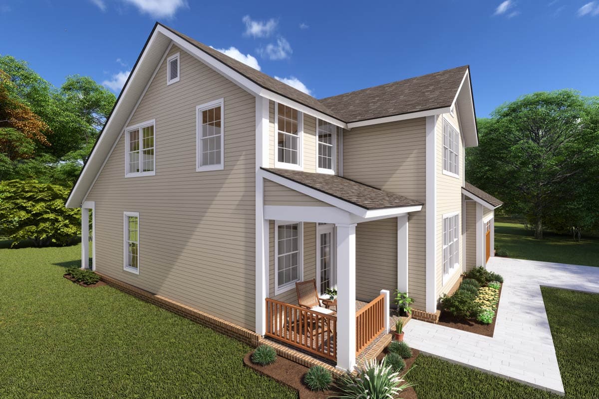 House plan exterior: Two-story home with a covered front porch, gable roof, and lap siding.