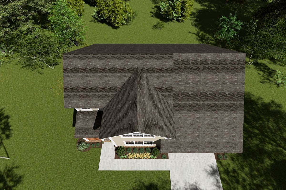 House plan exterior, 1.5 stories, hip roof, gable dormer with clerestory windows, covered entry.