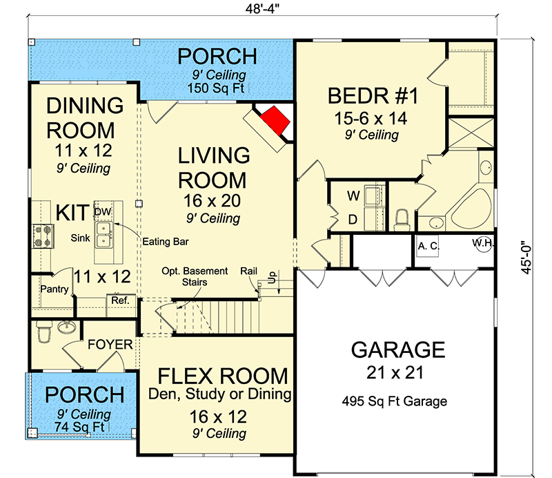 Plan 52205WM: Traditional Home Plan with Flex Room - Floor Plan - Main Level - Farmhouse, Traditional