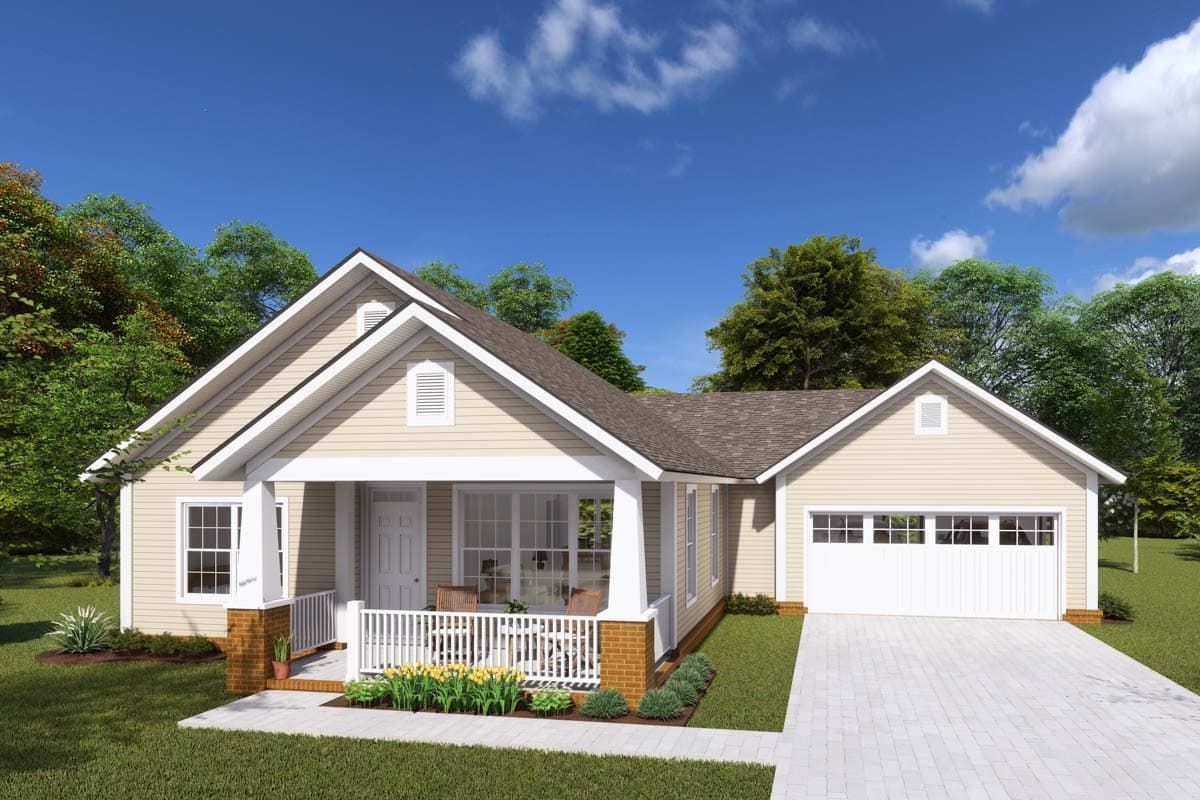 Ranch house plan exterior with covered front porch, gables, and attached two-car garage.