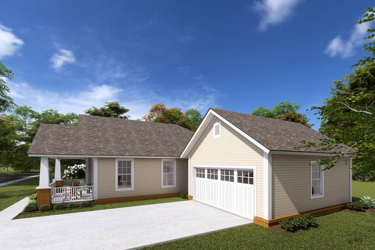 House plan exterior: one-story home with a covered front porch, gable dormer on attached garage, and wide driveway.