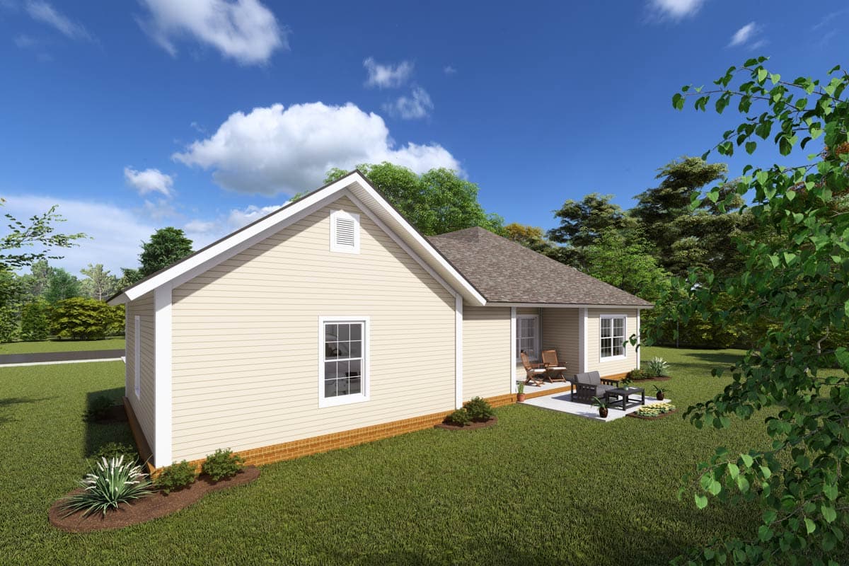 House plan exterior of a one-story home with vinyl siding, gable roof, covered porch, and patio.