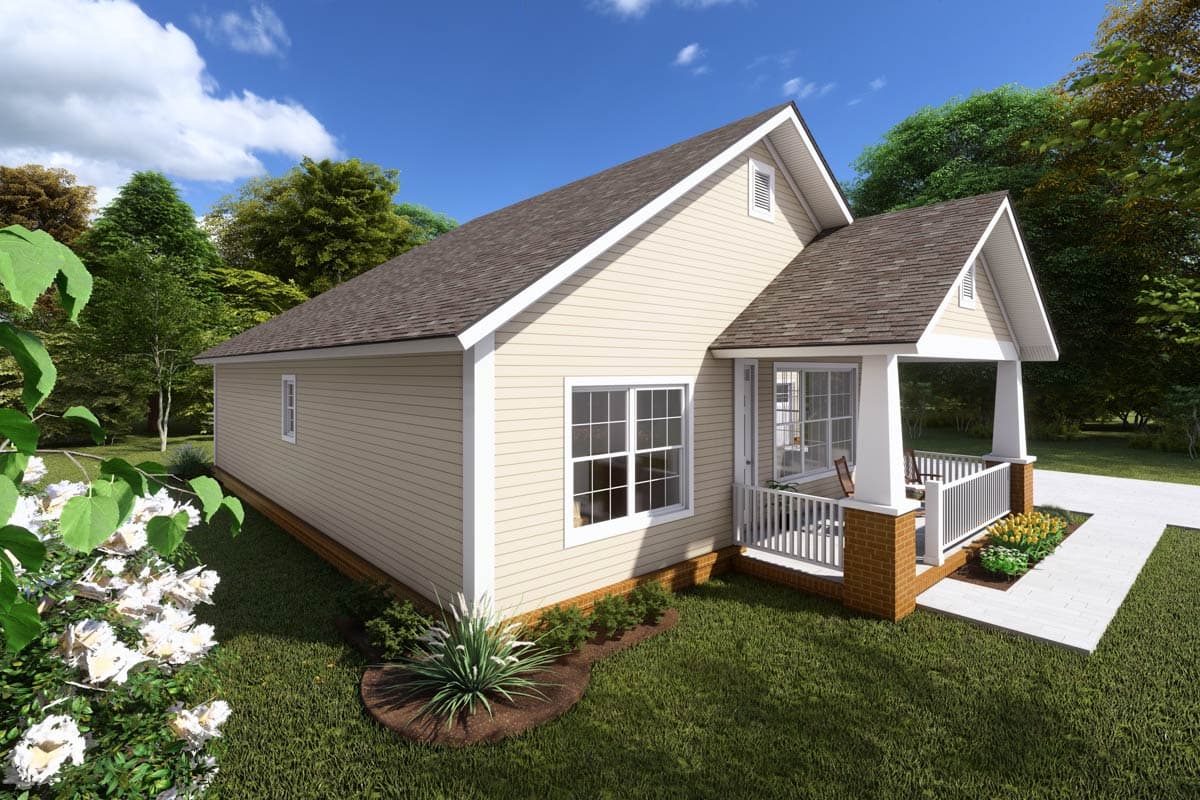 House plan exterior: One-story ranch with a gabled front porch, white railings, brick base, and siding.