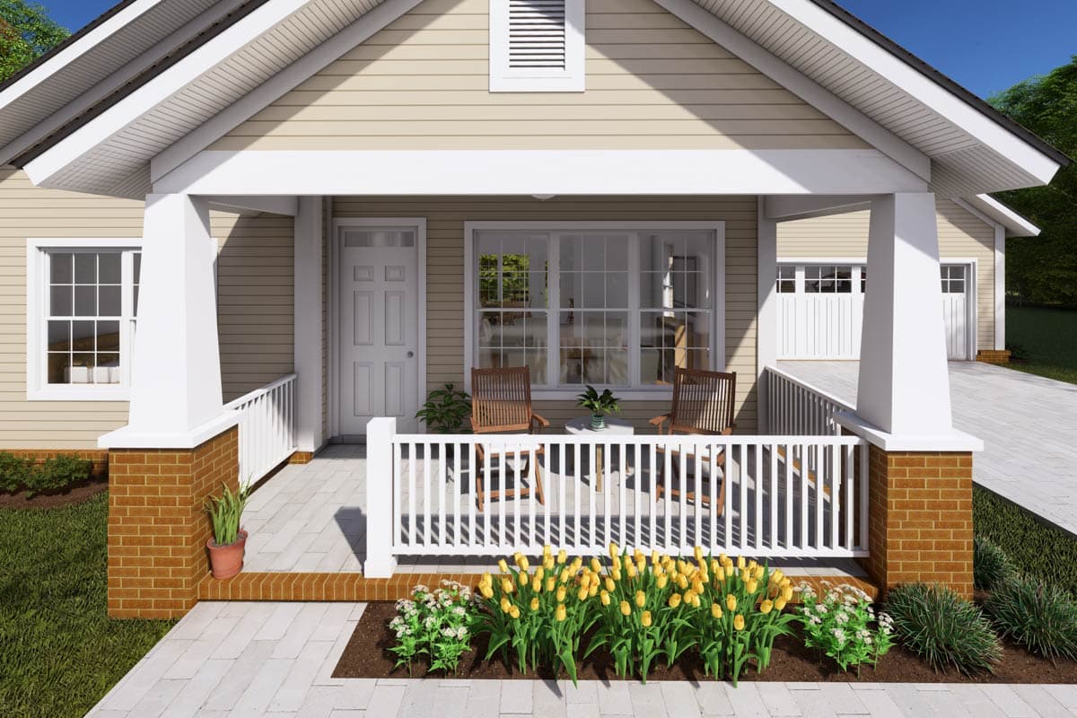 House plan exterior: One-story ranch with gabled roof, covered porch with brick base, white railing, and attached garage.