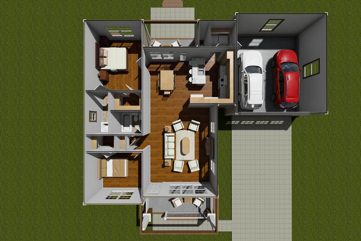 Plan 52208WM: Two Bedroom Starter Home Plan with 2-Car Garage - Image #7 - Cottage, Southern