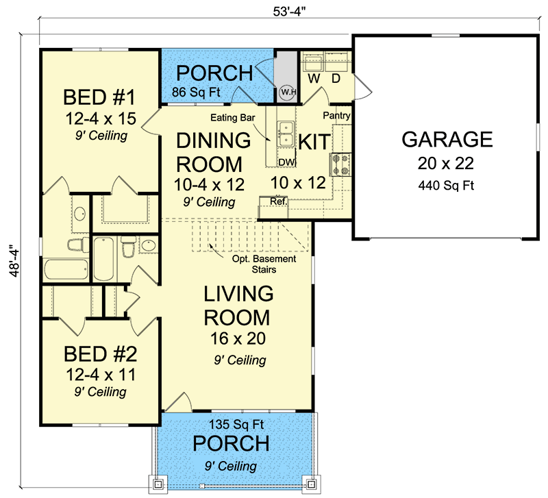 Plan 52208WM: Two Bedroom Starter Home Plan with 2-Car Garage - Floor Plan - Main Level - Cottage, Southern