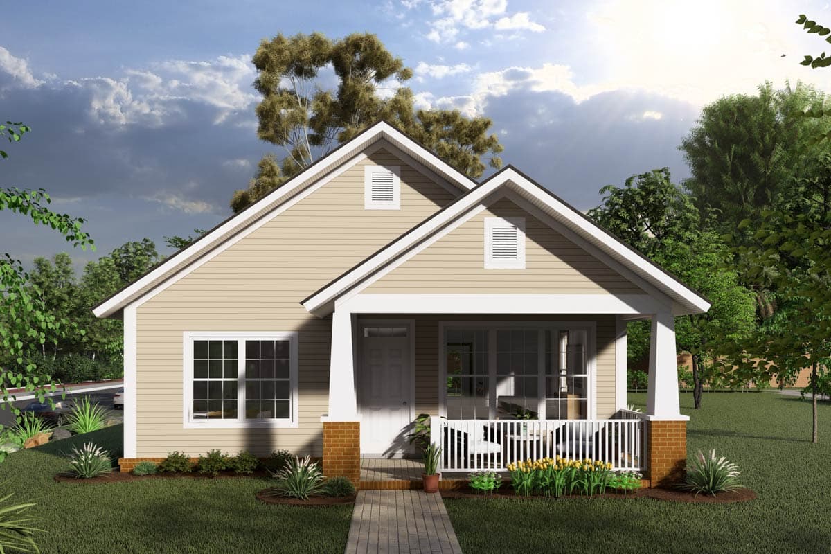 House plan exterior: One-story dwelling with a covered front porch, gable dormers, and a prominent front-facing gable.