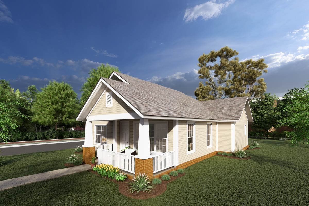 House plan exterior of a one-story home with a gabled roof, front porch with white railings, and beige siding.