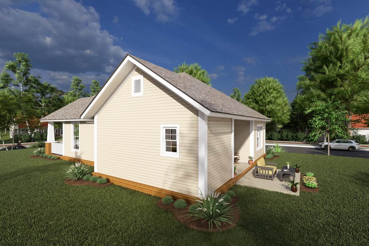 House plan exterior: one-story cottage style with covered front porch, gable vent, and horizontal siding.
