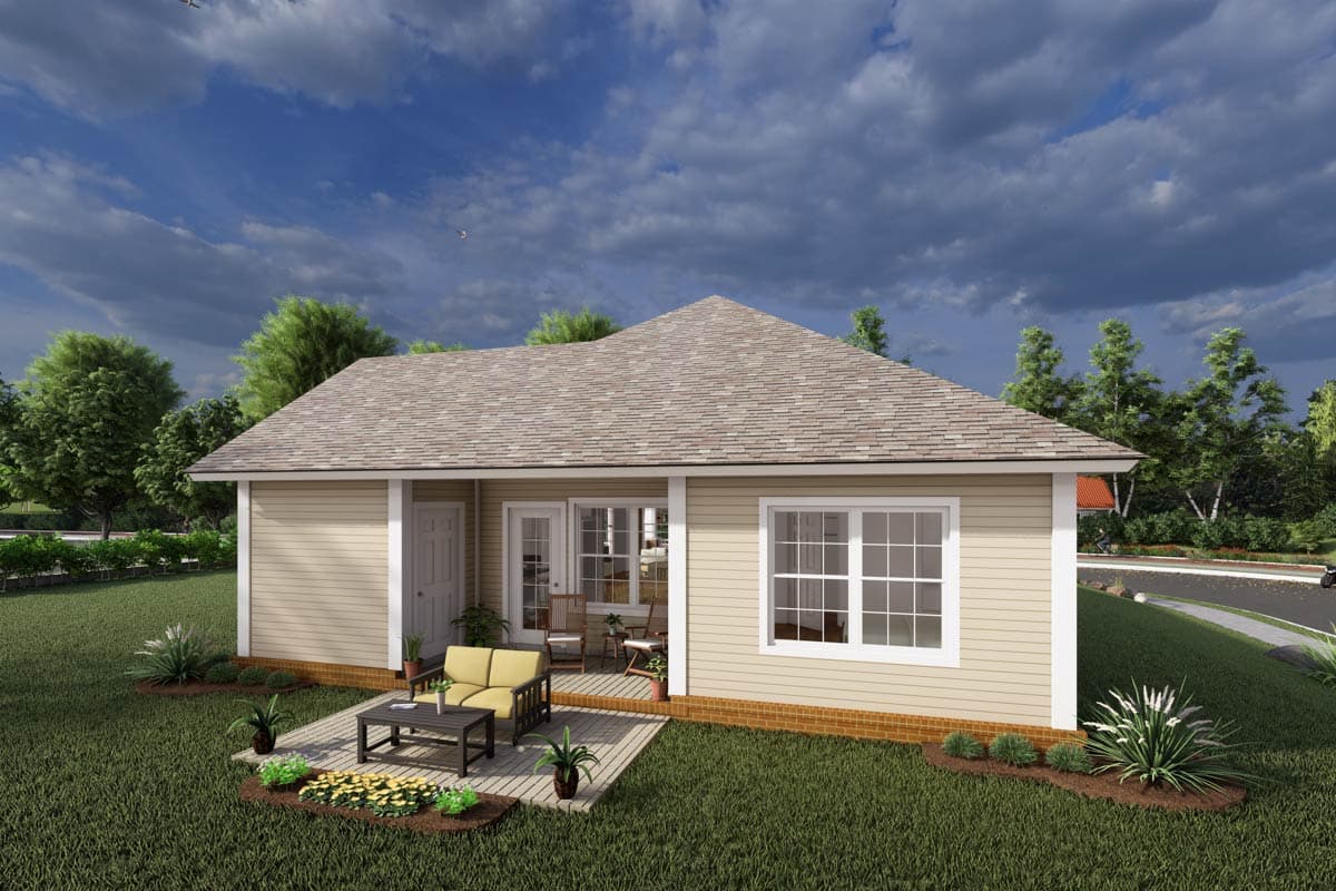 House plan exterior: Single-story ranch with a covered deck, multiple windows, and vinyl siding.