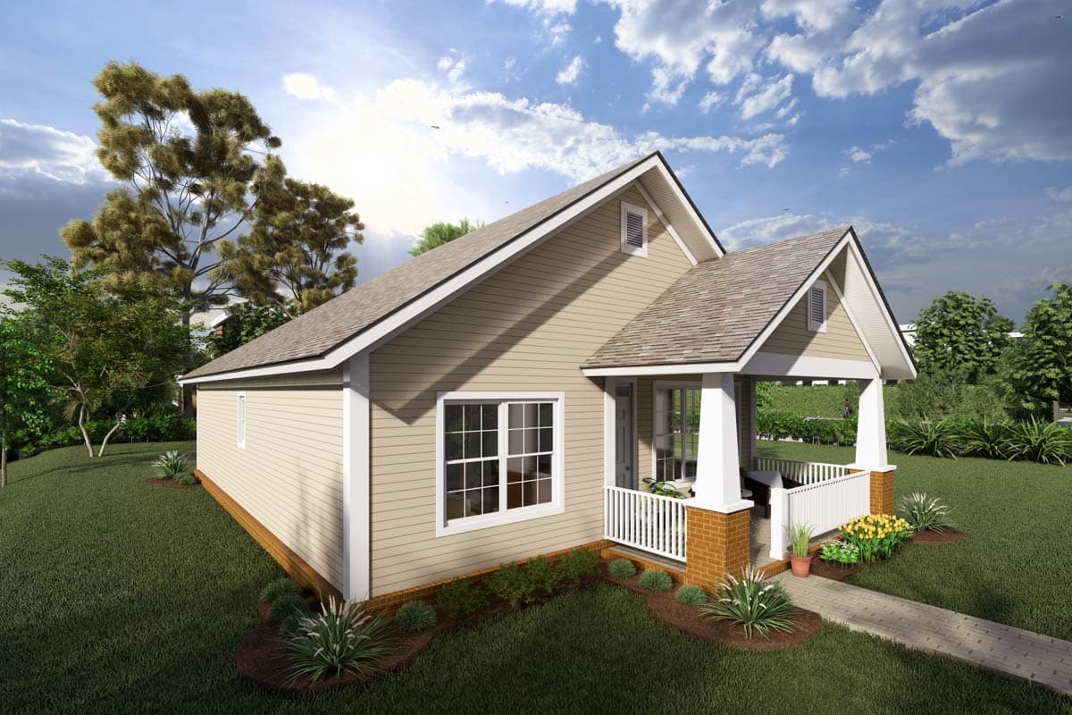 House plan exterior: One-story Modern Farmhouse with covered front porch, gabled rooflines, and horizontal siding.