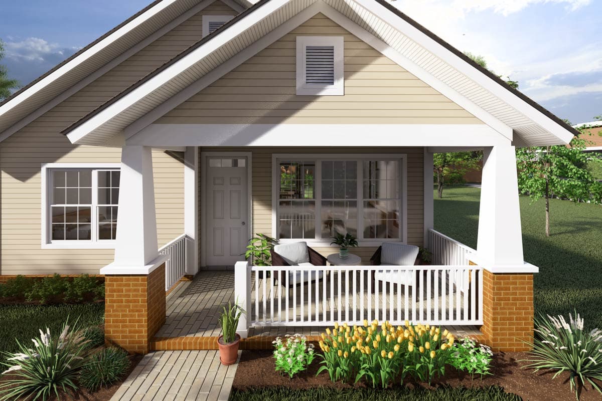 House plan exterior of a one-story Craftsman home with a covered front porch, brick foundation, and multiple gables.