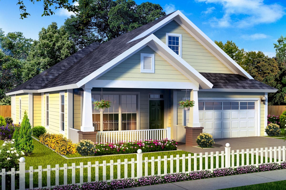 House plan exterior: One-story Craftsman style with a gabled front porch, white picket fence, and attached garage.