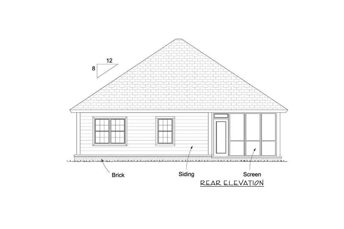 Rear elevation drawing showing siding, brick foundation, two windows, and a screened porch with a door.
