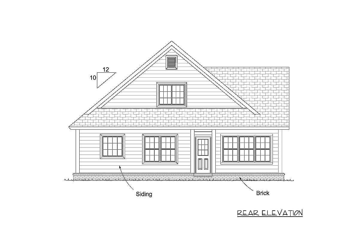 Rear elevation house plan with siding and brick base, featuring a prominent gable with a dormer window and multiple grid windows.