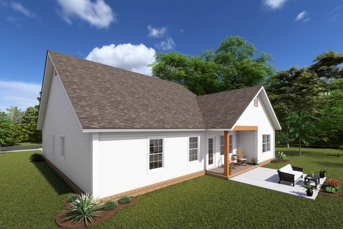 House plan exterior: one-story Modern Farmhouse with gable roof, covered porch, and patio with outdoor furniture.