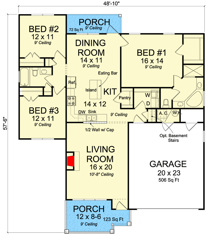 Plan 52214WM: 3-Bed Country Cottage House Plan for Narrow Lot - 1570 Sq Ft - Floor Plan - Main Level - Cottage, Country, Farmhouse, Ranch, Traditional
